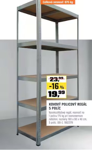 Kovový policový regál 5 políc
