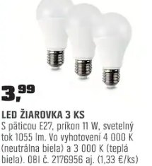 LED žiarovka E27 11 W 3 ks