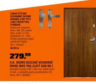 O.K. Doors oceľové vchodové dvere Nike P55 zlatý dub 80 ľavé