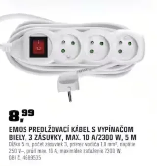 Emos predlžovací kábel s vypínačom 5 m 3 zásuvky