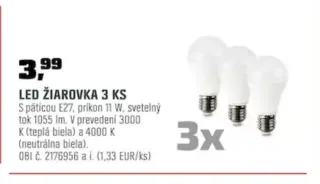 LED žiarovka E27 11 W 3 ks